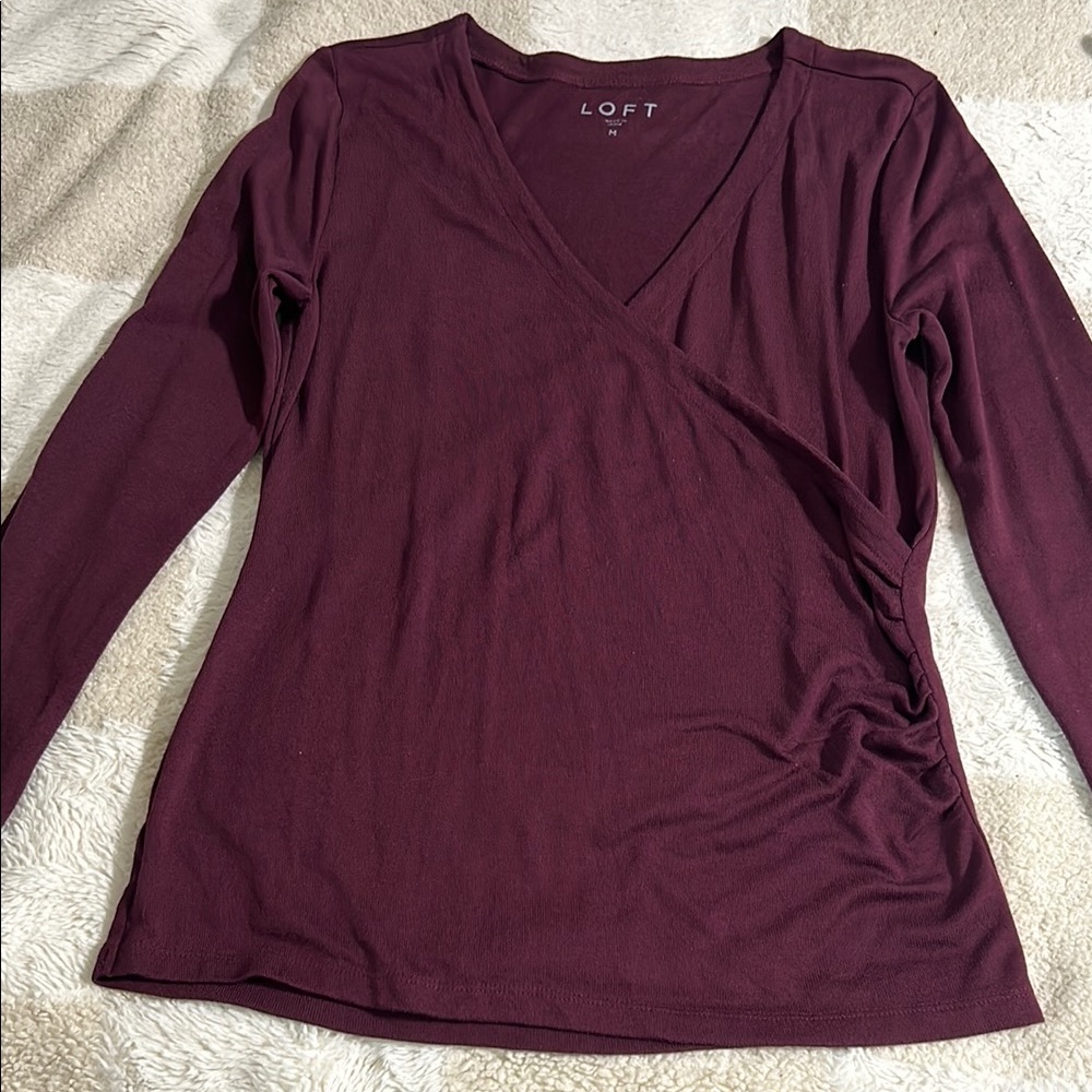 LOFT Red Ruched Long Sleeve Wrap Blouse